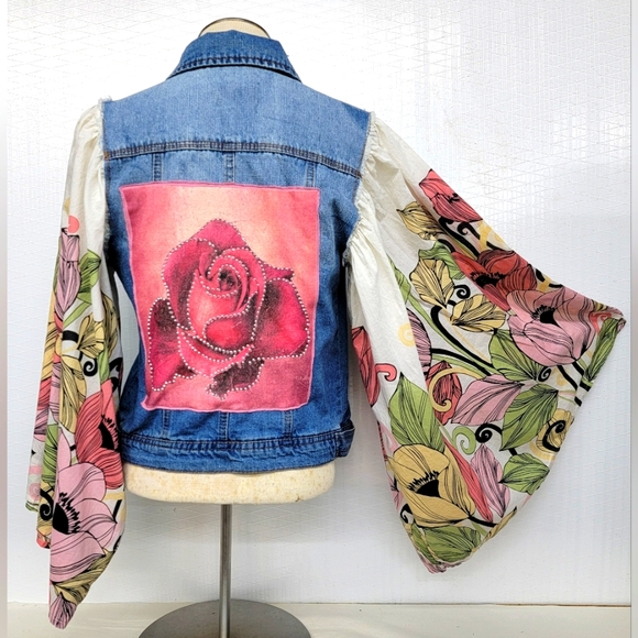 Ci Sono Jackets & Blazers - **SOLD*******Bohemian Vibe Denim Jacket With Floral Bell Sleeves Upcycled Retro